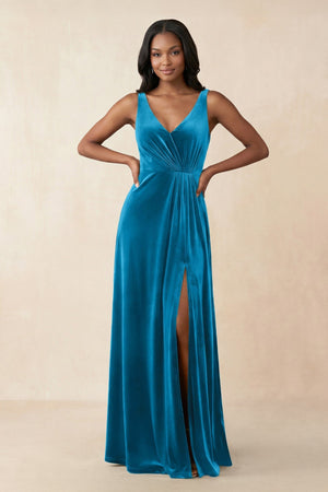 V - Neck Ruched A - Line Velvet Bridesmaid Dress in Blue Jay - KissProm Bridesmaid Dresses