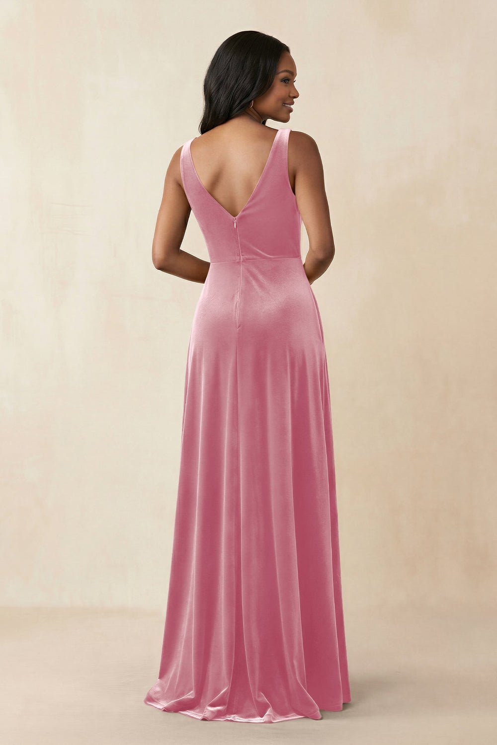 V - Neck Ruched A - Line Velvet Bridesmaid Dress in Blush Pink - KissProm Bridesmaid Dresses