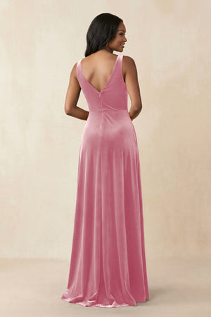 V - Neck Ruched A - Line Velvet Bridesmaid Dress in Blush Pink - KissProm Bridesmaid Dresses