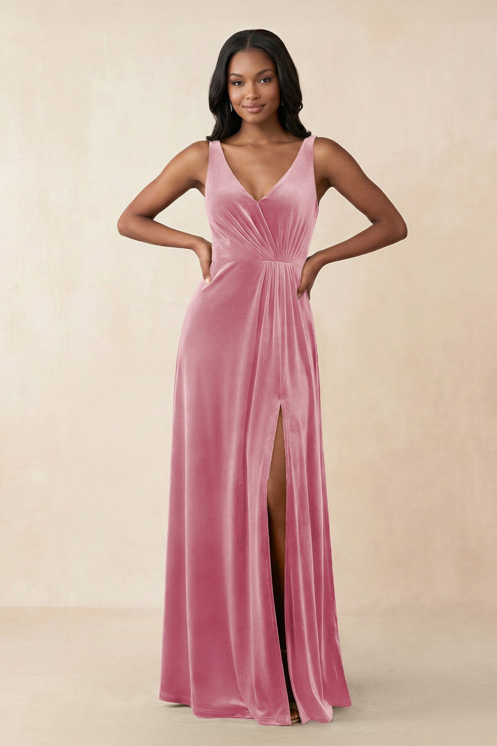 V - Neck Ruched A - Line Velvet Bridesmaid Dress in Blush Pink - KissProm Bridesmaid Dresses