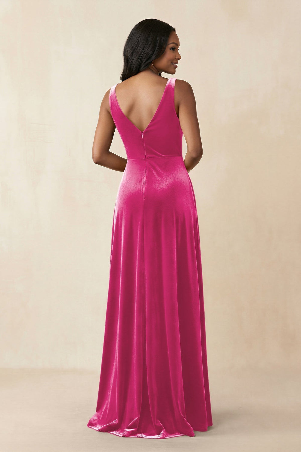 V - Neck Ruched A - Line Velvet Bridesmaid Dress in Bon Bon Pink - KissProm Bridesmaid Dresses