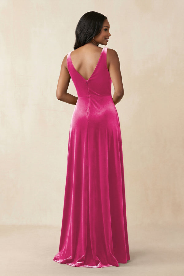 V - Neck Ruched A - Line Velvet Bridesmaid Dress in Bon Bon Pink - KissProm Bridesmaid Dresses