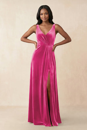 V - Neck Ruched A - Line Velvet Bridesmaid Dress in Bon Bon Pink - KissProm Bridesmaid Dresses