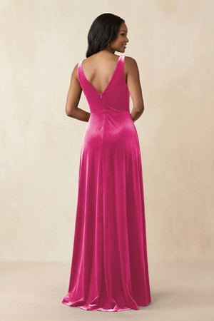 V - Neck Ruched A - Line Velvet Bridesmaid Dress in Bon Bon Pink - KissProm Bridesmaid Dresses