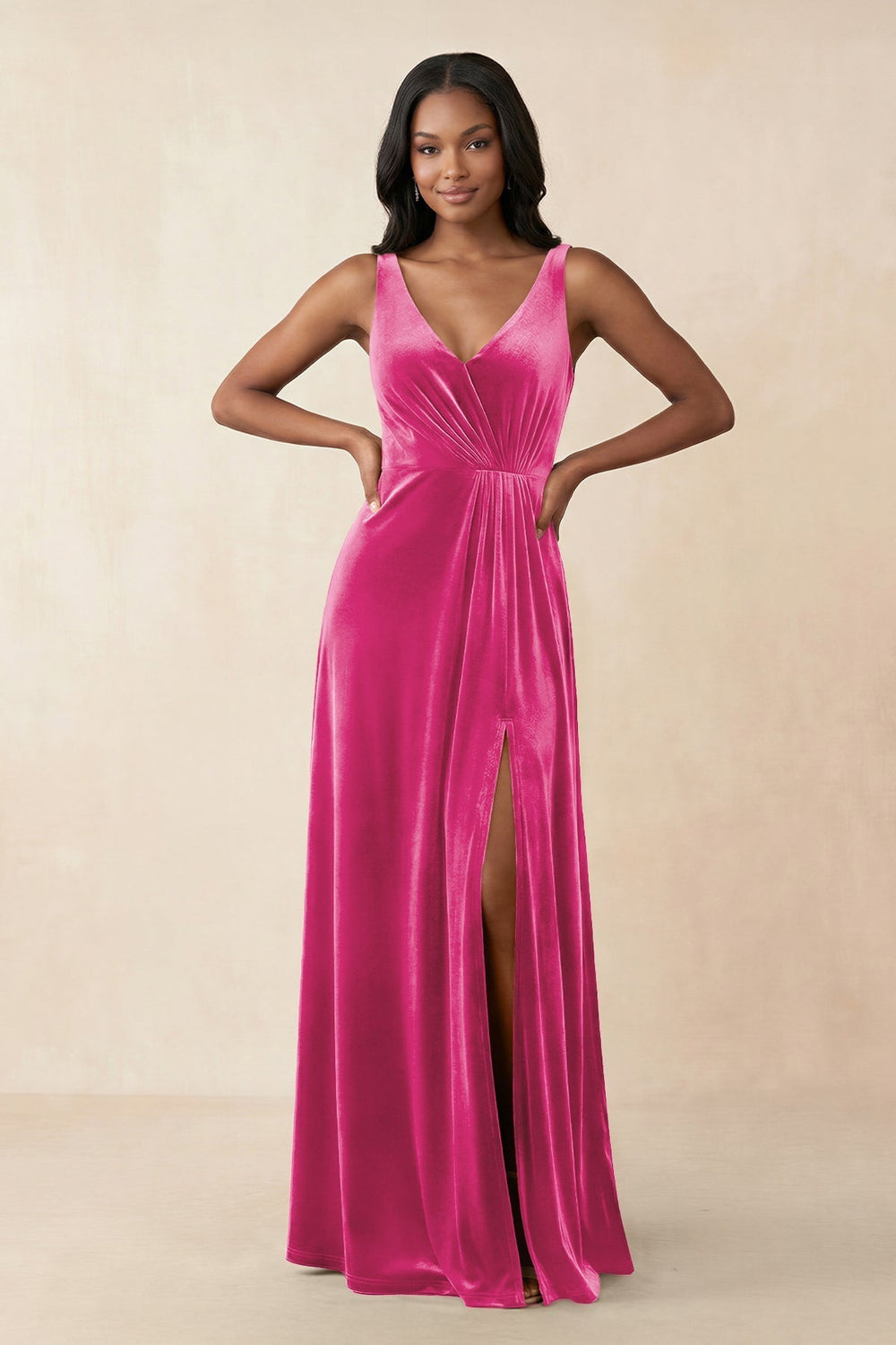 V - Neck Ruched A - Line Velvet Bridesmaid Dress in Bon Bon Pink - KissProm Bridesmaid Dresses