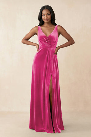 V - Neck Ruched A - Line Velvet Bridesmaid Dress in Bon Bon Pink - KissProm Bridesmaid Dresses