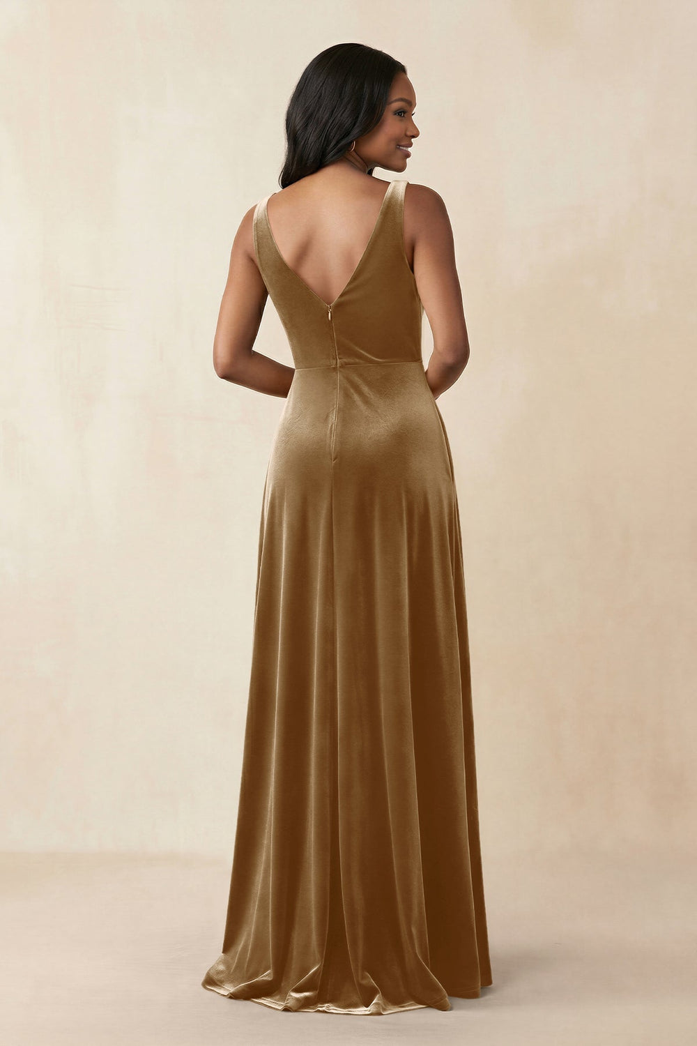V - Neck Ruched A - Line Velvet Bridesmaid Dress in Bronzer - KissProm Bridesmaid Dresses