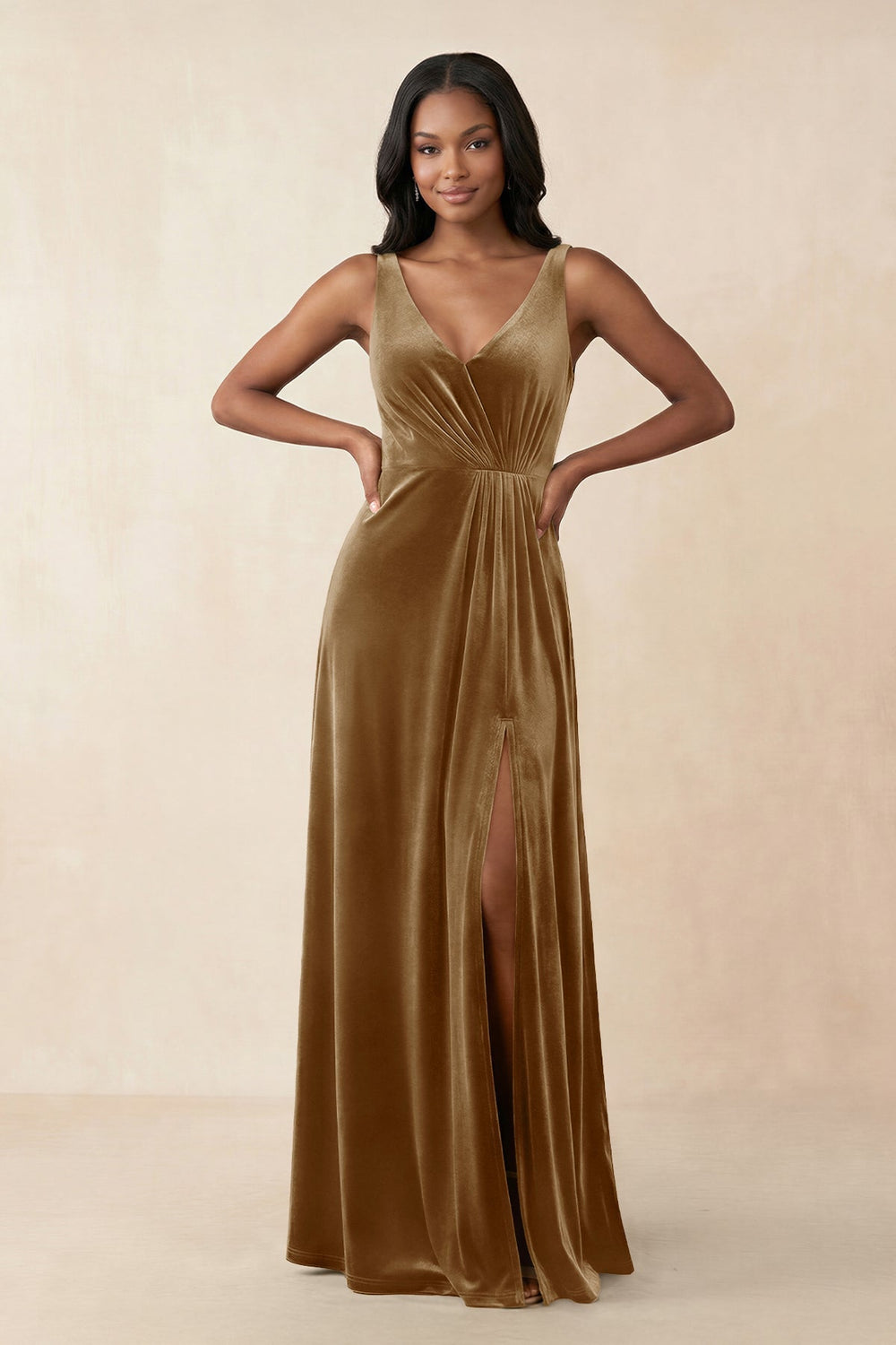 V - Neck Ruched A - Line Velvet Bridesmaid Dress in Bronzer - KissProm Bridesmaid Dresses