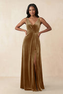 V - Neck Ruched A - Line Velvet Bridesmaid Dress in Bronzer - KissProm Bridesmaid Dresses
