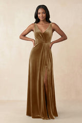 V - Neck Ruched A - Line Velvet Bridesmaid Dress in Bronzer - KissProm Bridesmaid Dresses