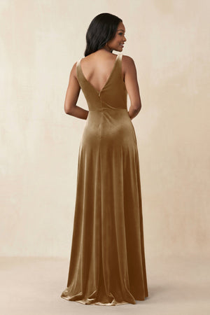 V - Neck Ruched A - Line Velvet Bridesmaid Dress in Bronzer - KissProm Bridesmaid Dresses