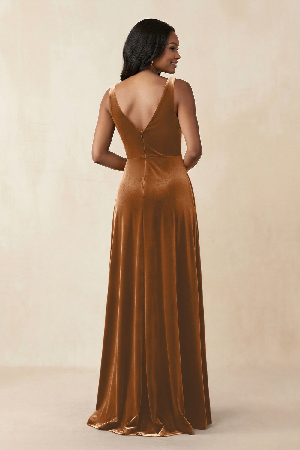 V - Neck Ruched A - Line Velvet Bridesmaid Dress in Brown - KissProm Bridesmaid Dresses