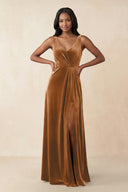 V - Neck Ruched A - Line Velvet Bridesmaid Dress in Brown - KissProm Bridesmaid Dresses