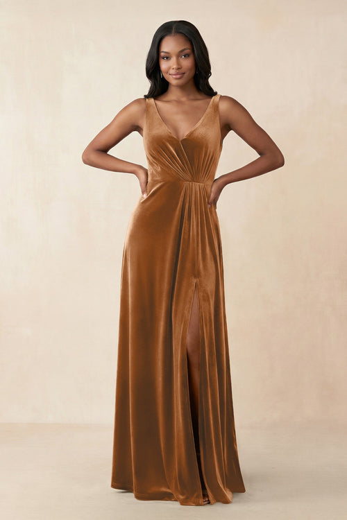 V - Neck Ruched A - Line Velvet Bridesmaid Dress in Brown - KissProm Bridesmaid Dresses