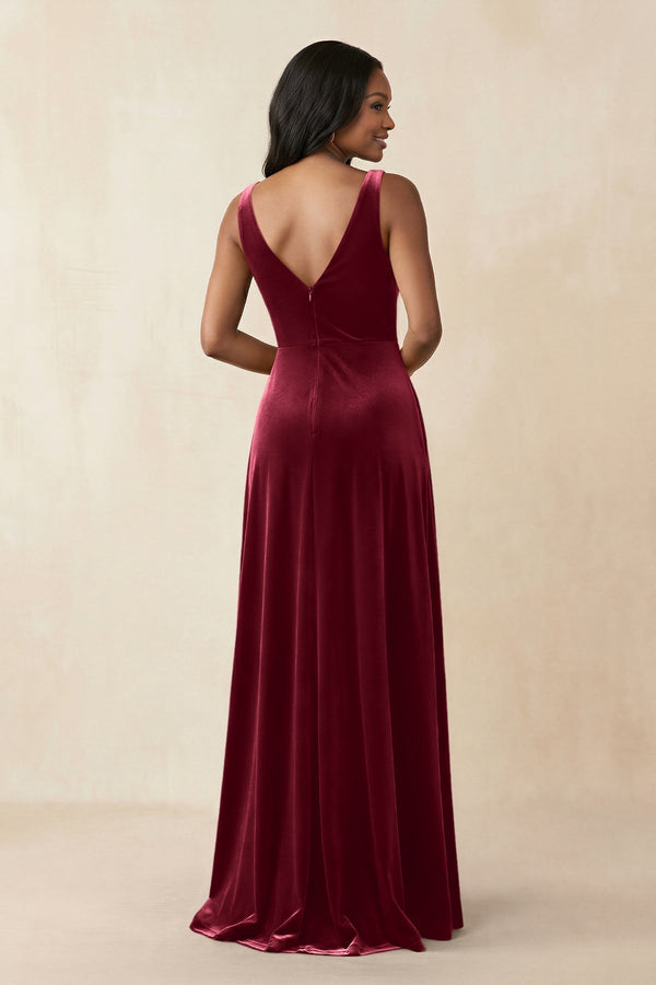 V - Neck Ruched A - Line Velvet Bridesmaid Dress in Burgundy - KissProm Bridesmaid Dresses