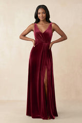 V - Neck Ruched A - Line Velvet Bridesmaid Dress in Burgundy - KissProm Bridesmaid Dresses