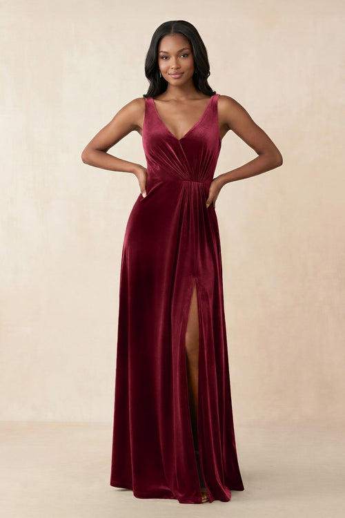 V - Neck Ruched A - Line Velvet Bridesmaid Dress in Burgundy - KissProm Bridesmaid Dresses