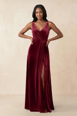 V - Neck Ruched A - Line Velvet Bridesmaid Dress in Burgundy - KissProm Bridesmaid Dresses