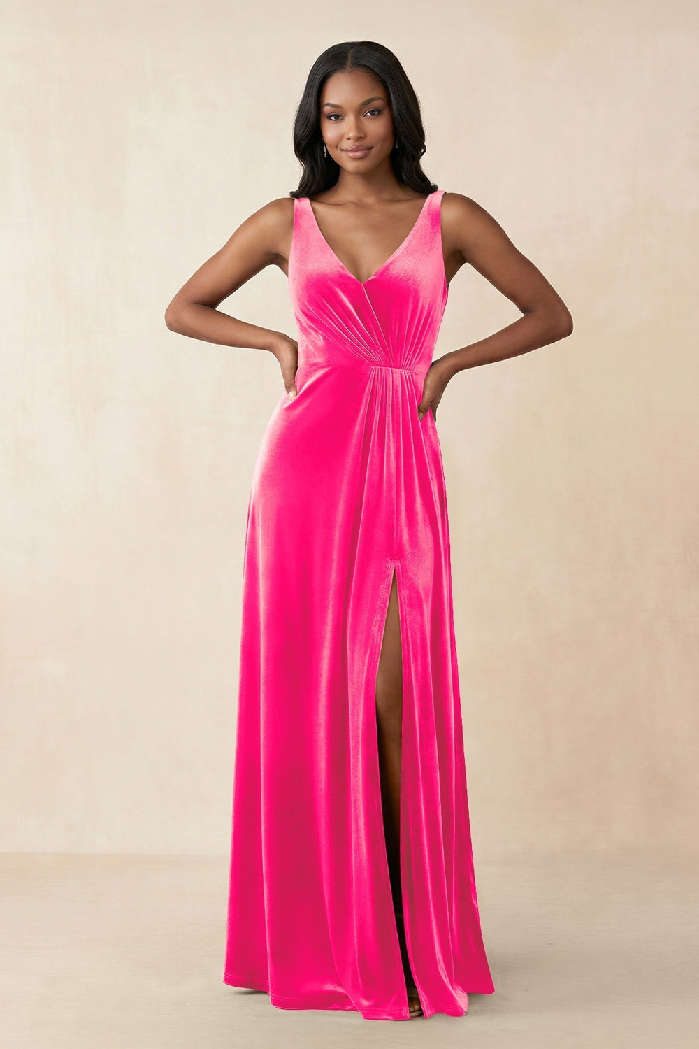 V - Neck Ruched A - Line Velvet Bridesmaid Dress in Candy Pink - KissProm Bridesmaid Dresses