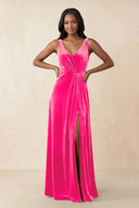 V - Neck Ruched A - Line Velvet Bridesmaid Dress in Candy Pink - KissProm Bridesmaid Dresses