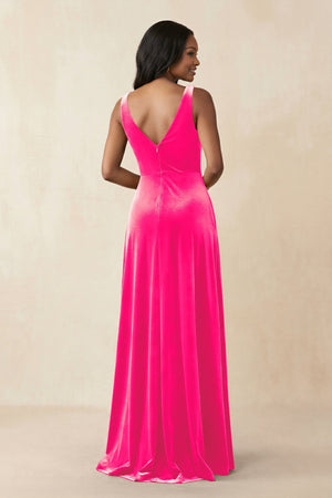 V - Neck Ruched A - Line Velvet Bridesmaid Dress in Candy Pink - KissProm Bridesmaid Dresses