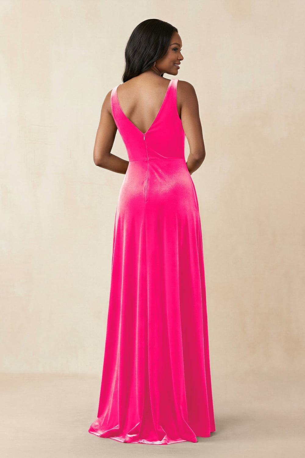 V - Neck Ruched A - Line Velvet Bridesmaid Dress in Candy Pink - KissProm Bridesmaid Dresses