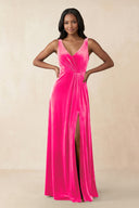 V - Neck Ruched A - Line Velvet Bridesmaid Dress in Candy Pink - KissProm Bridesmaid Dresses