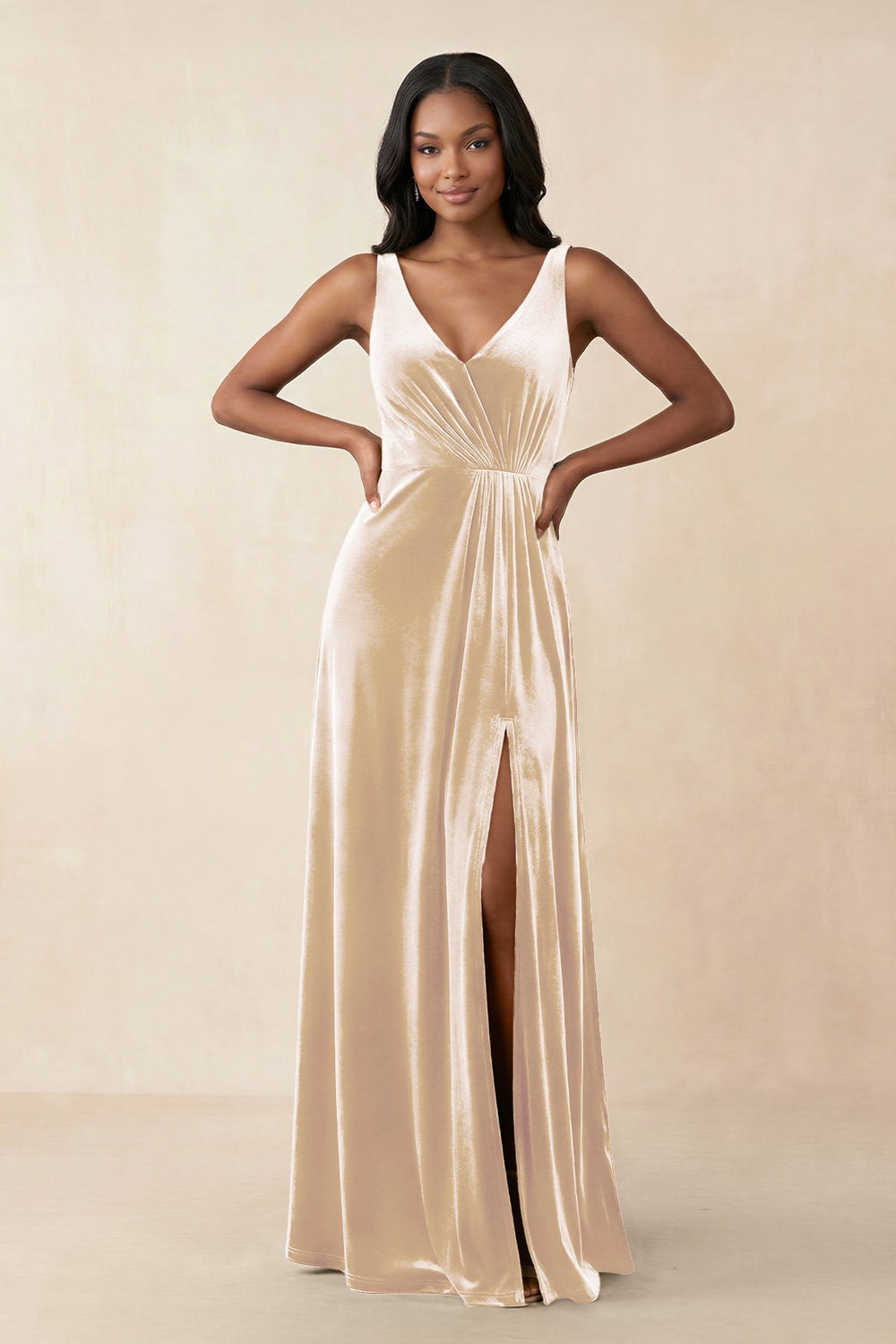 V - Neck Ruched A - Line Velvet Bridesmaid Dress in Champagne - KissProm Bridesmaid Dresses