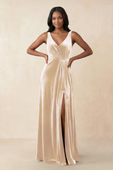 V - Neck Ruched A - Line Velvet Bridesmaid Dress in Champagne - KissProm Bridesmaid Dresses