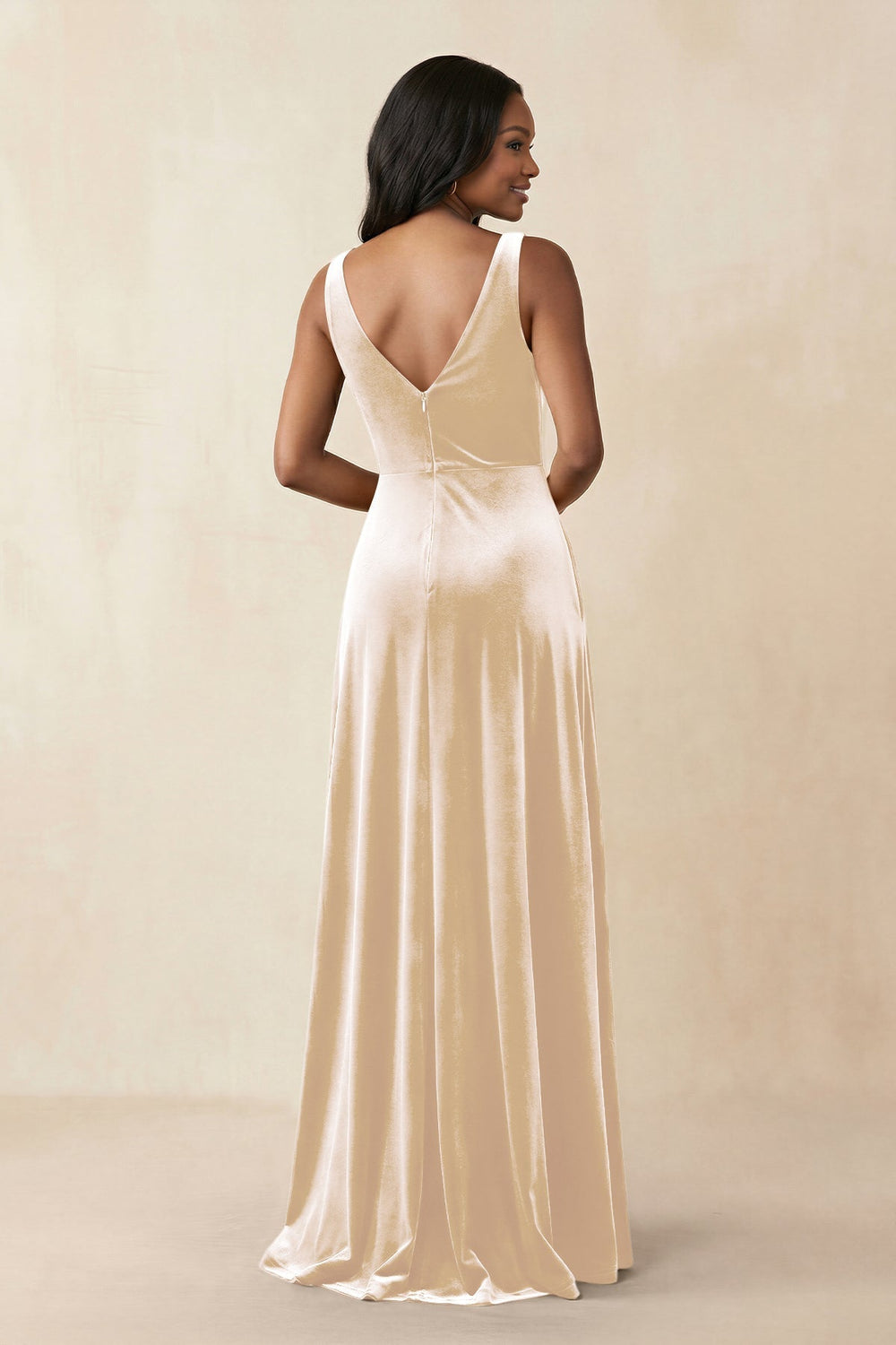 V - Neck Ruched A - Line Velvet Bridesmaid Dress in Champagne - KissProm Bridesmaid Dresses