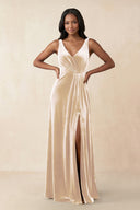 V - Neck Ruched A - Line Velvet Bridesmaid Dress in Champagne - KissProm Bridesmaid Dresses