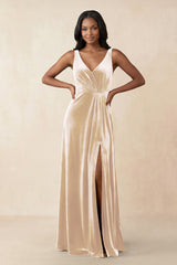 V - Neck Ruched A - Line Velvet Bridesmaid Dress in Champagne - KissProm Bridesmaid Dresses