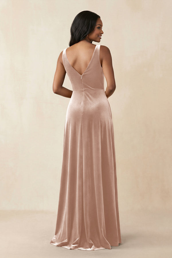 V - Neck Ruched A - Line Velvet Bridesmaid Dress in Champagne Rose - KissProm Bridesmaid Dresses