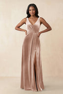 V - Neck Ruched A - Line Velvet Bridesmaid Dress in Champagne Rose - KissProm Bridesmaid Dresses