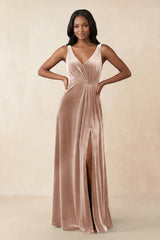 V - Neck Ruched A - Line Velvet Bridesmaid Dress in Champagne Rose - KissProm Bridesmaid Dresses