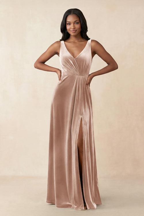 V - Neck Ruched A - Line Velvet Bridesmaid Dress in Champagne Rose - KissProm Bridesmaid Dresses