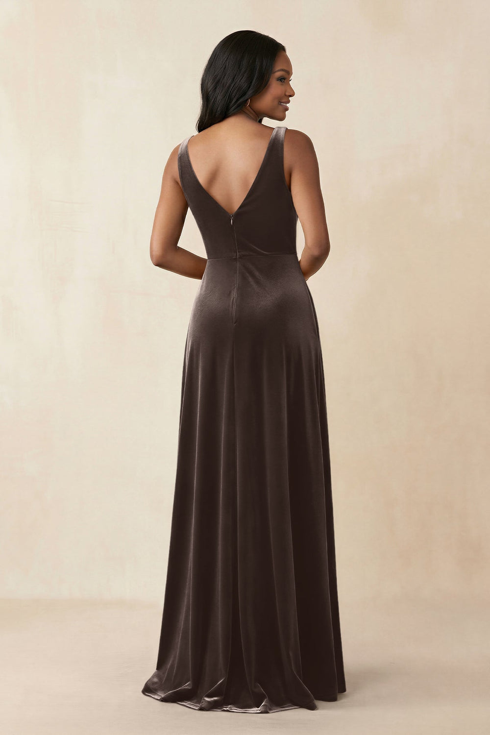 V - Neck Ruched A - Line Velvet Bridesmaid Dress in Chocolate - KissProm Bridesmaid Dresses