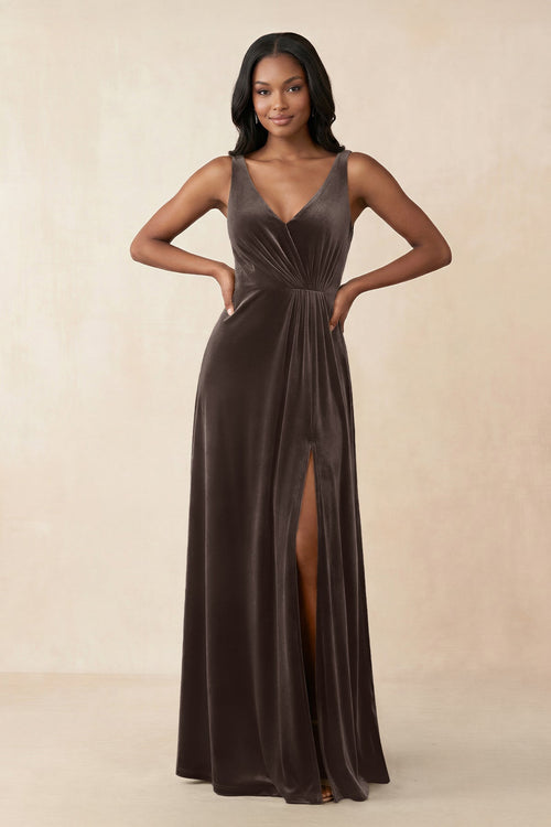 V - Neck Ruched A - Line Velvet Bridesmaid Dress in Chocolate - KissProm Bridesmaid Dresses