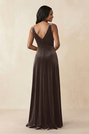 V - Neck Ruched A - Line Velvet Bridesmaid Dress in Chocolate - KissProm Bridesmaid Dresses