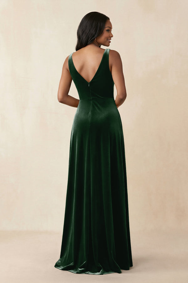 V - Neck Ruched A - Line Velvet Bridesmaid Dress in Dark Green - KissProm Bridesmaid Dresses