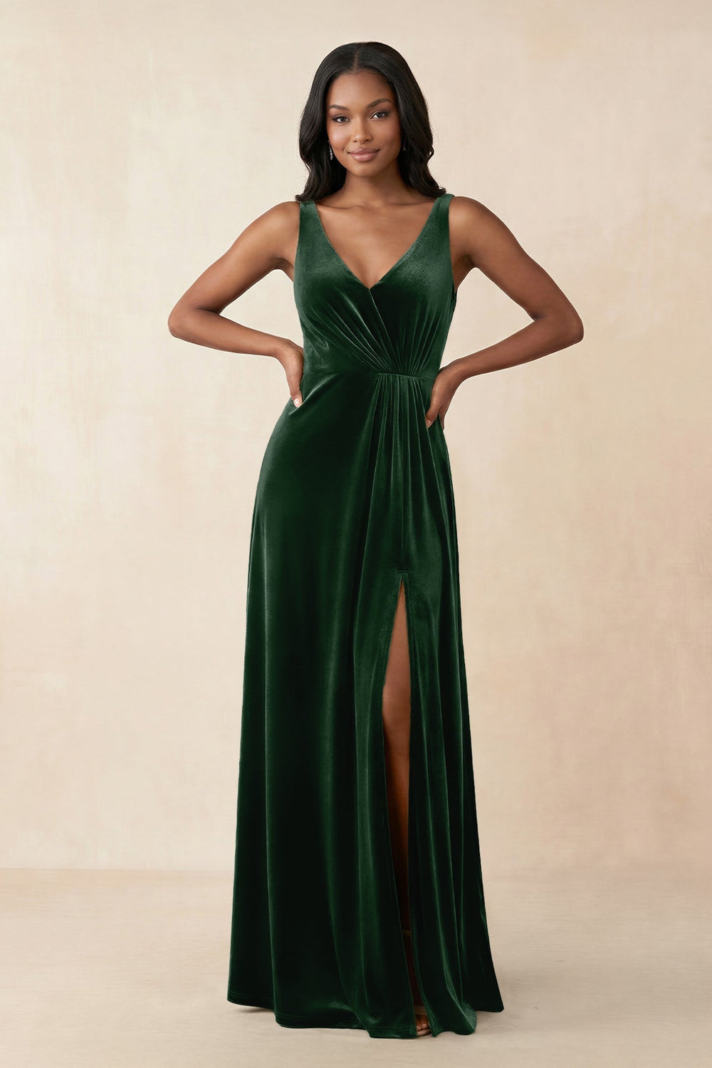 V - Neck Ruched A - Line Velvet Bridesmaid Dress in Dark Green - KissProm Bridesmaid Dresses