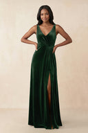V - Neck Ruched A - Line Velvet Bridesmaid Dress in Dark Green - KissProm Bridesmaid Dresses