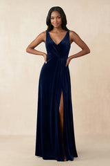 V - Neck Ruched A - Line Velvet Bridesmaid Dress in Dark Navy - KissProm Bridesmaid Dresses