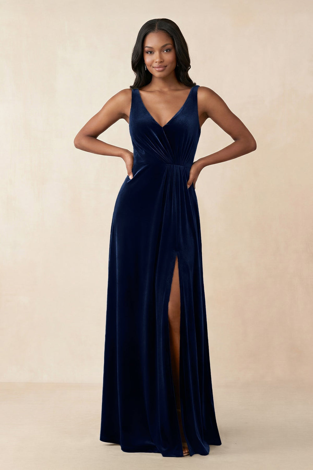V - Neck Ruched A - Line Velvet Bridesmaid Dress in Dark Navy - KissProm Bridesmaid Dresses