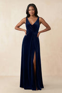 V - Neck Ruched A - Line Velvet Bridesmaid Dress in Dark Navy - KissProm Bridesmaid Dresses