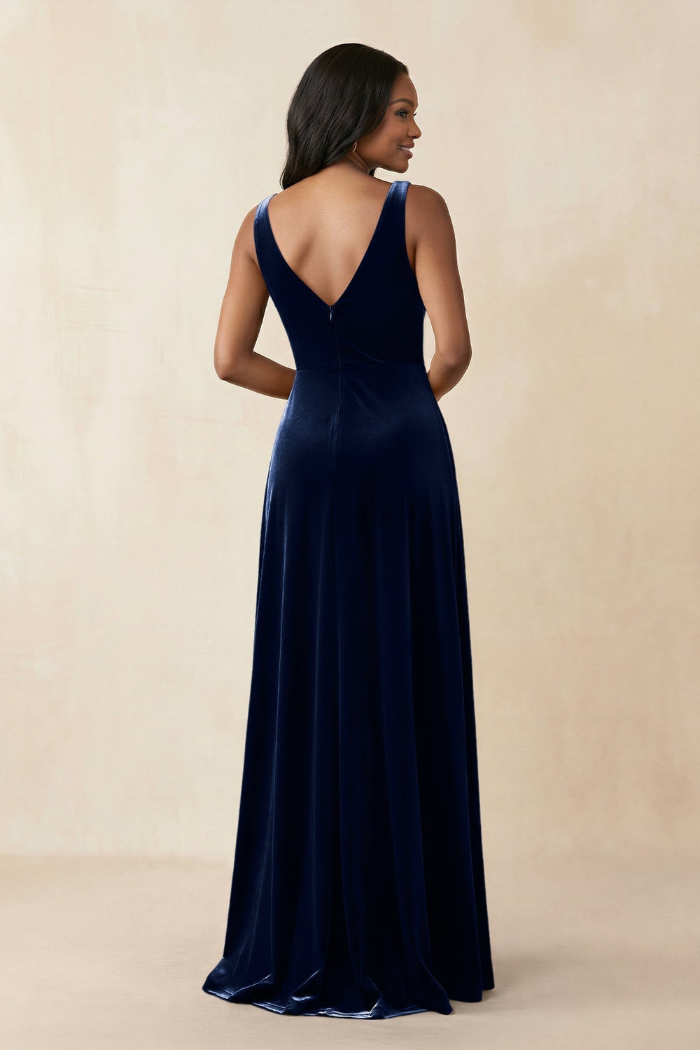 V - Neck Ruched A - Line Velvet Bridesmaid Dress in Dark Navy - KissProm Bridesmaid Dresses