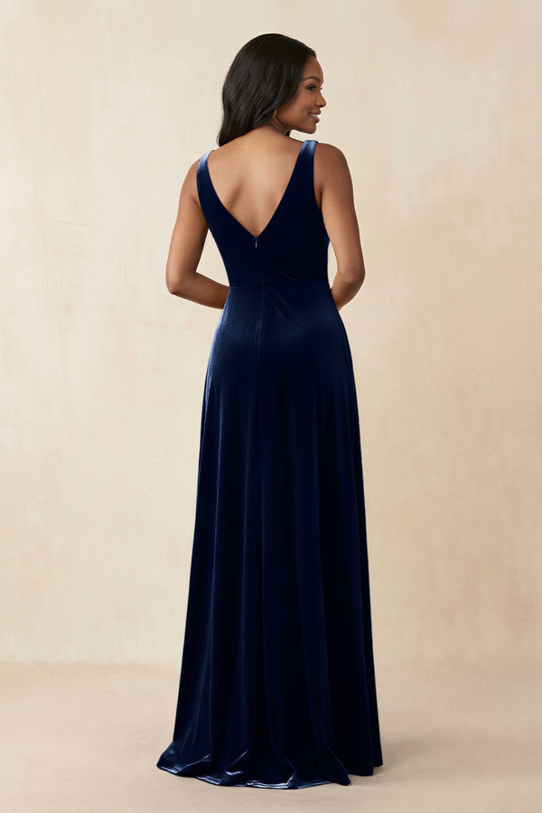 V - Neck Ruched A - Line Velvet Bridesmaid Dress in Dark Navy - KissProm Bridesmaid Dresses