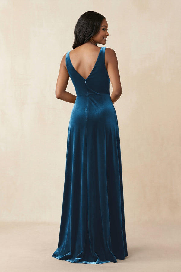 V - Neck Ruched A - Line Velvet Bridesmaid Dress in Dark Teal - KissProm Bridesmaid Dresses