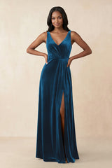 V - Neck Ruched A - Line Velvet Bridesmaid Dress in Dark Teal - KissProm Bridesmaid Dresses