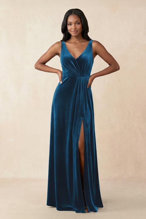V - Neck Ruched A - Line Velvet Bridesmaid Dress in Dark Teal - KissProm Bridesmaid Dresses
